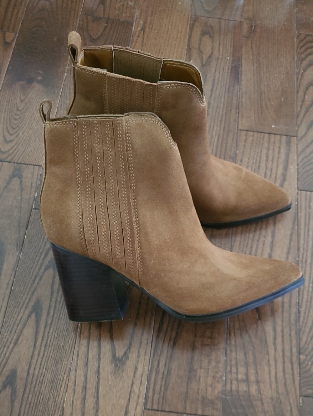 New Marc Fisher Maree Tan Suede Pointed-Toe Stacked Heel Ankle Booties Size 9.5